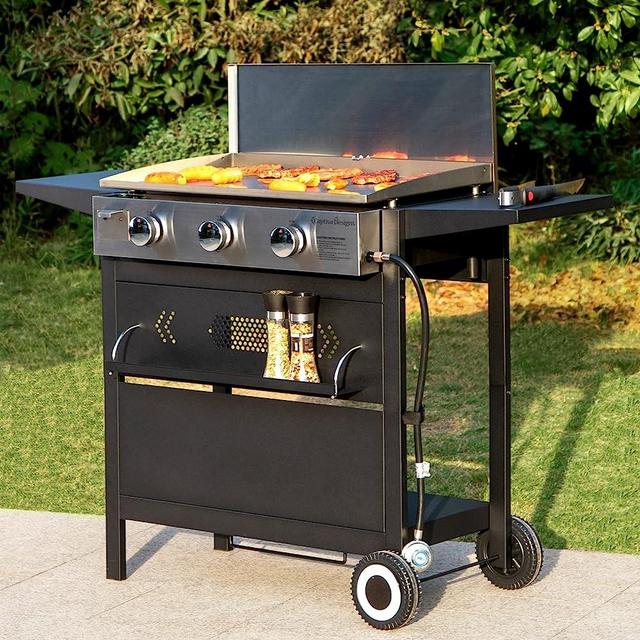 Sophia & William Flat Top Gas Griddle Grill with lid 3-Burner 33,000 BTU Propane BBQ Grill Outdoor Cooking Station, Can be Converted into Table Top Griddle for Camping