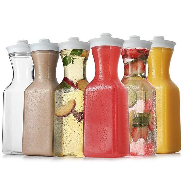 Carafes for Mimosa Bar - 6 Pack 32 Oz Plastic Carafe Square Base Water Pitcher - Pitcher with Lid and Spout - Juice Containers with lids for Fridge – BPA Free Pitcher for Parties – Not Dishwasher Safe