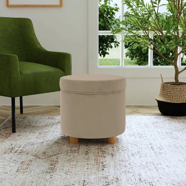 Round Storage Ottoman Fawn Velvet - HomePop