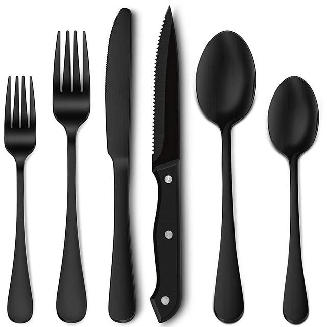 Hiware 24-Piece Matte Black Silverware Set with Steak Knives, Stainless Steel Flatware Cutlery Set, Service for 4