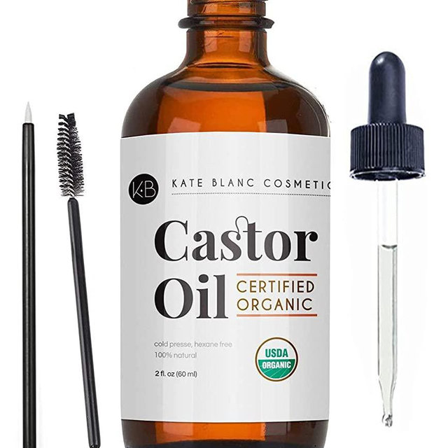 Castor Oil (2oz), USDA Certified Organic, 100% Pure, Cold Pressed, Hexane Free by Kate Blanc Cosmetics. Stimulate Growth for Eyelashes, Eyebrows, Hair. Skin Moisturizer & Hair Treatment Starter Kit