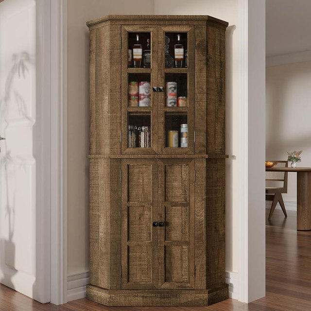 Betterhood Corner Storage Cabinet, 67" Kitchen Corner Cabinet with Glass Doors, Farmhouse Tall Corner Display Cabinet with Adjustable Shelves for Dining Room, Living Room, Rustic Brown