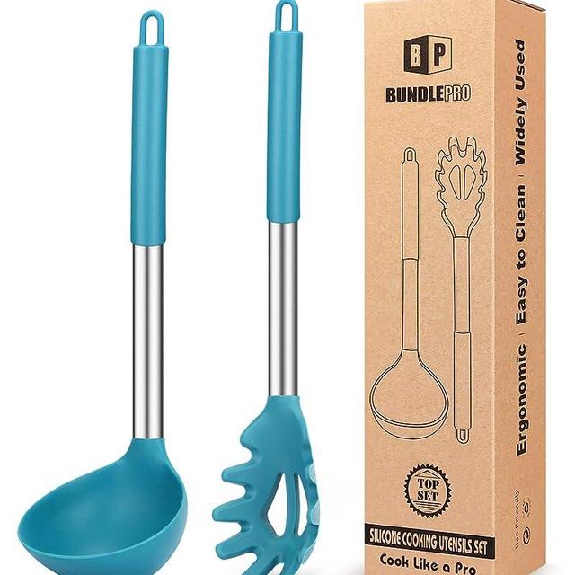 Silicone Pasta Fork and Ladle Spoon Set, Large Non Stick Kitchen Utensils for Cooking,Stirring,Serving Spaghetti, Soup, Sauce