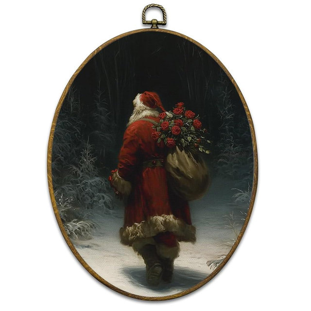 Mcehtle Vintage Christmas Santa Wall Art Decor, Dark Academia Xmas Santa Claus Holiday Framed Canvas Prints 8.6x11.4, Moody Christmas Oval Wall Hanging Artwork Decorations for Home Bedroom Living Room