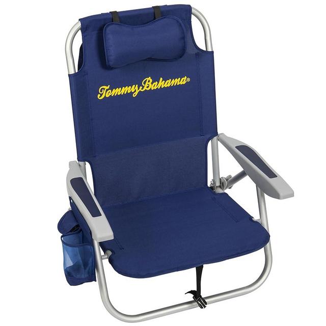 Tommy Bahama 4-Position Backpack Pillow and Cup Holder Beach Chair, 24.75" D x 24" W x 31" H, Blue Logo