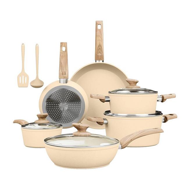 Kitchen Academy Induction Pots and Pans Set Non Stick - 12 Pieces Nonstick Kitchen Cookware Set, Granite Cooking Set Pots and Pans, Beige