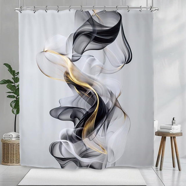 Kalmico Abstract Modern Minimalist Shower Curtain 60Wx72L Inch Black Gold Gray Neutral Contemporary Art Aesthetic Bathroom Set Accessories Decor with 12 Pack Hooks