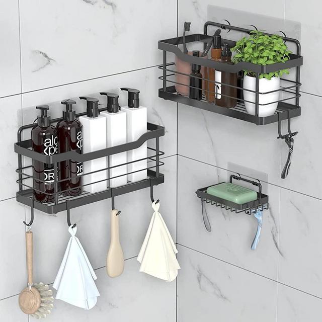 Carwiner Shower Shelf Deep Caddy 3-Pack basket with 10 Hooks & Soap Dish Holder, SUS304 Stainless Steel Bathroom Caddy Organizer Rack Adhesive Shampoo Holder Wall Mounted No Drilling (Black)