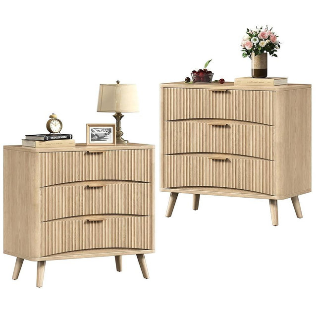 Evermagin 31.5W×29“H Large Fluted Nightstands Set of 2, 3 Drawer Light Wood Night Stand Bedside Table, Mid Century Modern Small Dresser for Bedroom, Natural Oak