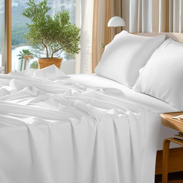 SONORO KATE 100% Egyptian Cotton Sheets Set - 1000 High Thread Count, Luxury 5-Star Hotel Sateen Bed Sheets, Soft, Breathable Long Staple Sheets, Fit up to 16" - 4 PC (White,King)
