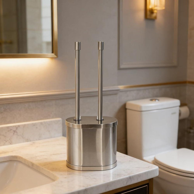 Brushed Nickel Metal Toilet Brush & Plunger Set, Durable Bathroom Cleaning Accessory