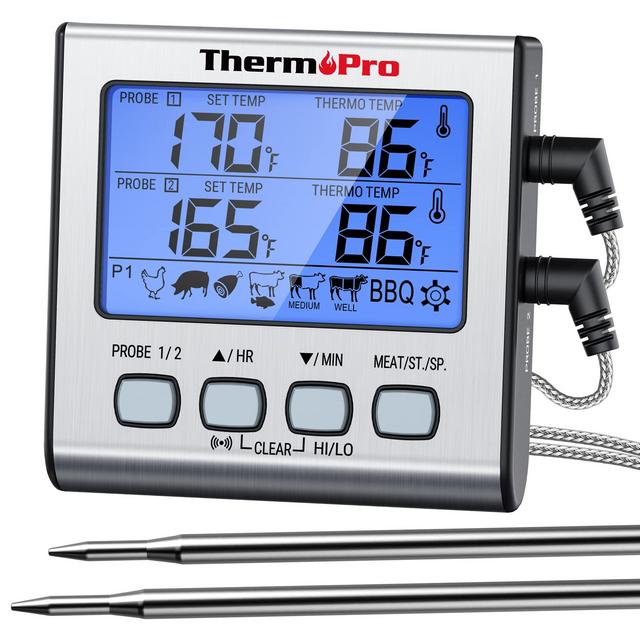 ThermoPro TP-17 Dual Probe Digital Cooking Meat Thermometer Large LCD Backlight Food Grill Thermometer with Timer Mode for Smoker Kitchen Oven BBQ, Silver