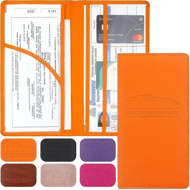 Car Registration and Insurance Holder, Premium Leather Registration and Insurance Card Holder,vehicle Glove Box Car Organizer,wallet Accessories Case with Magnetic Shut for Cards, Essential Document, Driver License (Orange)