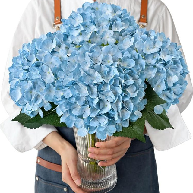 JINWOE Light Blue Hydrangea Artificial Flowers, 4PCS 21" Large Lifelike Full Outdoor Silk Artificial Hydrangeas, Fake Flowers Bouquets Arrangement for Porch Home Table Centerpieces Party