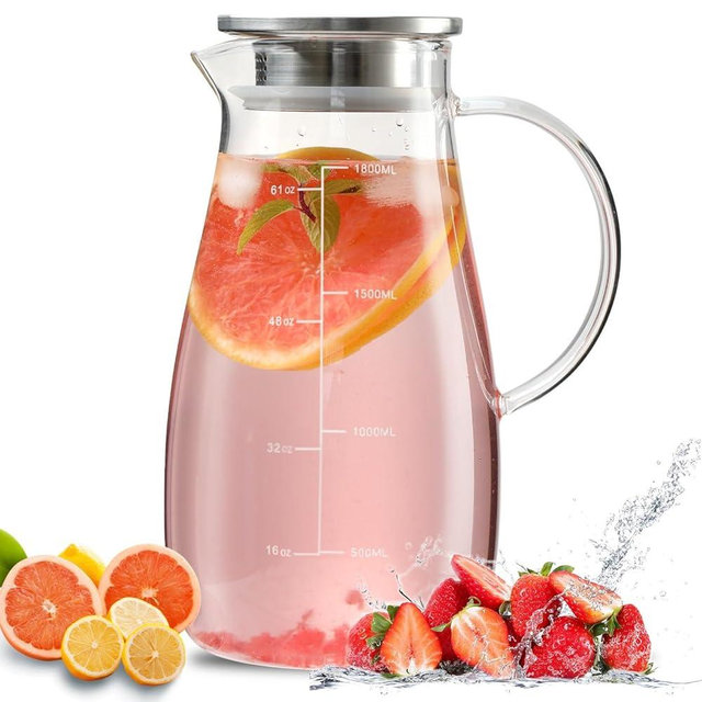 Wlasss Glass Pitcher, 68 oz 2 Liter Glass Pitcher with Lid and Precise Scale Line, Water Pitcher with Handle and Lid, for Hot/Cold Beverages, Coffee, Juice, Lemonade, and Milk