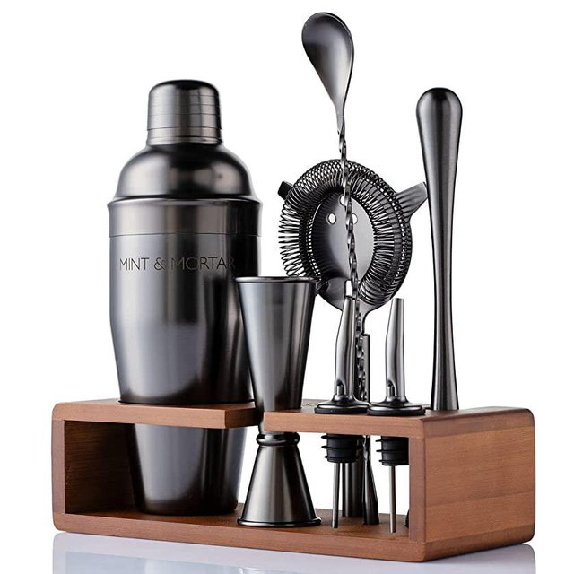 Mint&Mortar 7-Piece Cocktail Shaker Set with Bamboo Stand Stainless Steel Mixology Bartender Kit with Bar Tools for The Home & Professional Great Martini/Margarita 24oz Mixer (Gunmetal Black)
