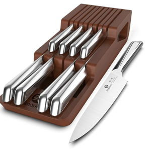 imarku Drawer Knife Set, 10 PCS Japanese Stainless Steel Knife Block Set, Kitchen Knife Sets with Wooden Drawer Organizer, Dishwasher Safe, Ultra Sharp Chef Knife, Gifts for Men