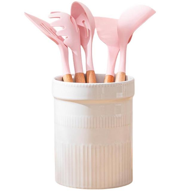 VAGREEZ Ceramic Utensil Holder for Kitchen Countertop - Large Utensil Crock with Cork Protection Mat - Farmhouse Kitchen Utensil Organizer and Kitchen Decor, White