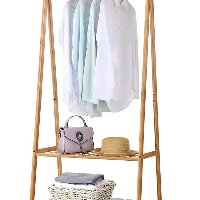 Finnhomy Bamboo Clothes Rack Portable Extra Large Garment Rack 2-Tire Storage Box Shelves for Entryway and Bed Room Patented Design