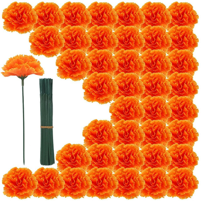 300PCS Marigold Flower Heads with Stems – Artificial Cempasuchil Flowers for Día de Los Muertos Altar, Day of the Dead Decorations, Halloween, Mexican Party, DIY Garland & Wreath Décor（Orange）