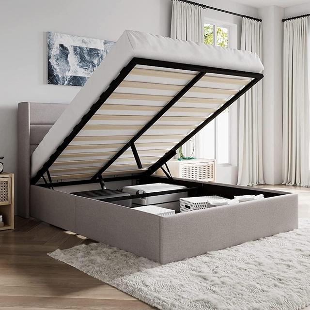SHA CERLIN Queen Size Lift Up Storage Bed / Wingback Headboard / Upholstered Platform Bed Frame / No Box Spring Needed / Wood Slats Support / Light Beige
