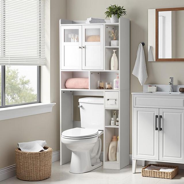 KTMBDW Over The Toilet Storage Cabinet, Bathroom Shelf Organizer with Double-Door, Small Freestanding Space Saver with Adjustable Shelf, White