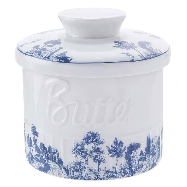 SIELUNO Butter Crock For Counter With Water, French Butter Dish, Butter Keeper Crock, Water Butter Dish-blue and white porcelain 6.5oz