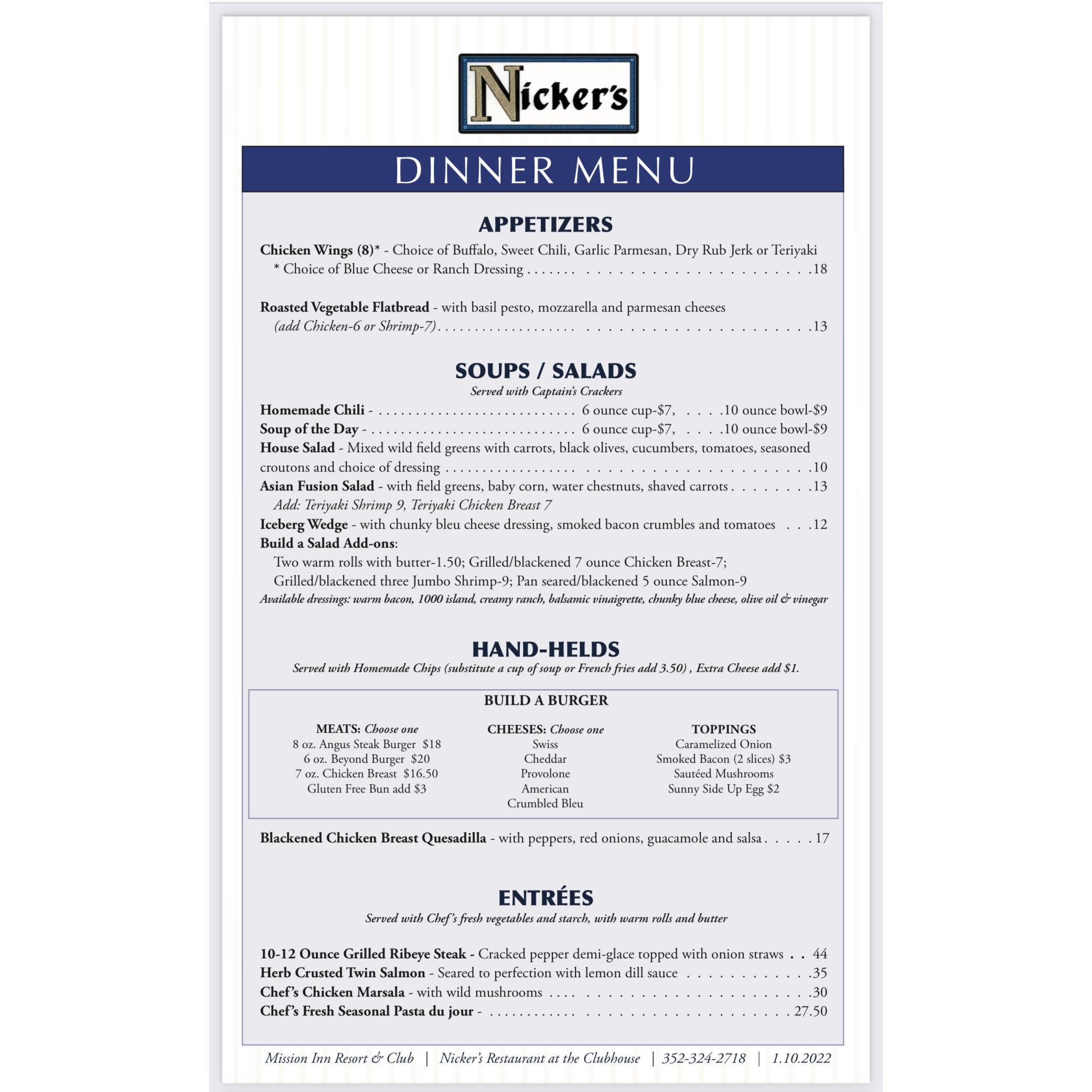 Nickers Dinner Menu