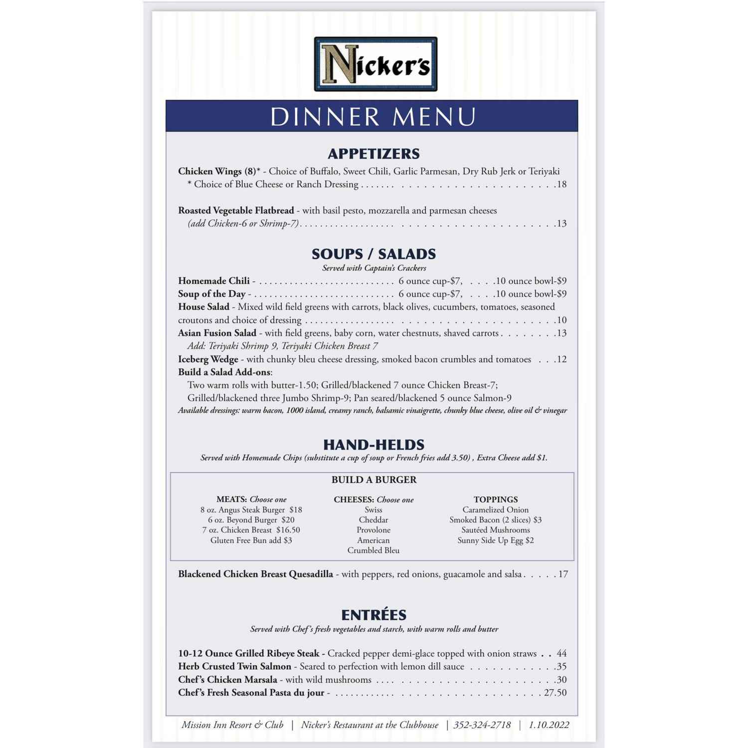 Nickers Dinner Menu