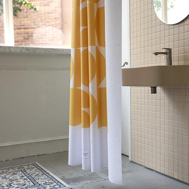 onesevennine Quick-Dry Lightweight Shower Curtain – Made in Korea, Designed for Daily Showers | Retroflow-Yellow | 71” W x 74” L