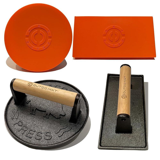 OUTDO.MXT Cast Iron 7" & 8.5" X 4.3" Smash Burger Press, Heavy Duty Burger Smasher with Wooden Handle and Silicone Protective Cover for Griddle,Grill Press for Hamburger, Bacon, Barbecue Grilling Tool
