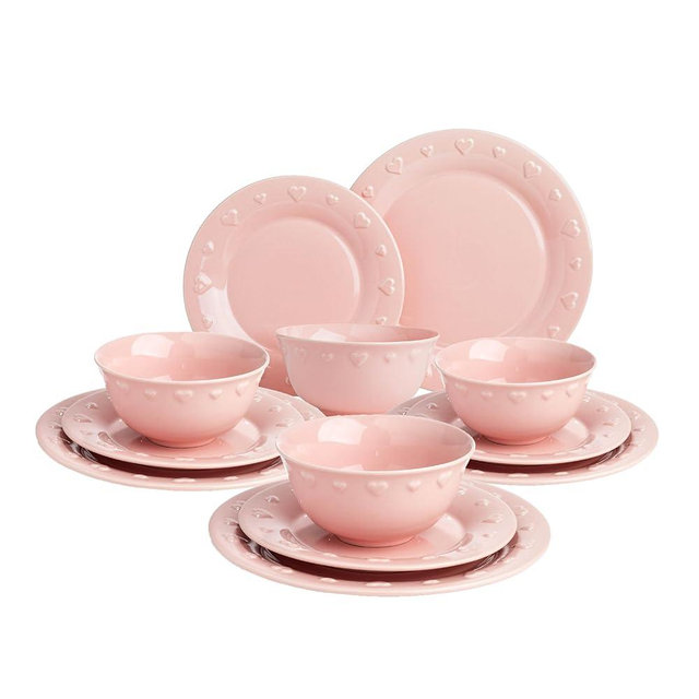Paris Hilton 12-Piece Dinnerware Set, Embossed Hearts. Iconic Ceramic Stoneware Service for 4 with Dinner Plates, Salad Plates, and Bowls, Microwave & Dishwasher Safe, Pink
