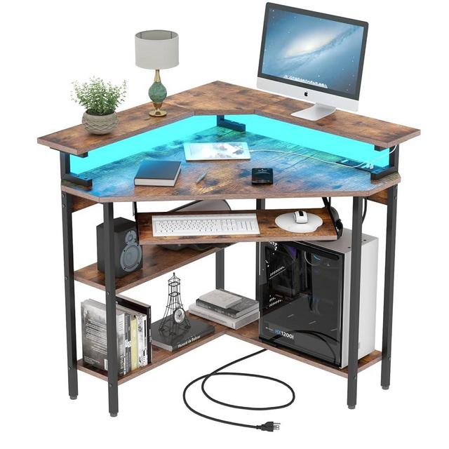 Auromie Corner Desk with Charging Station & LED Light, Triangle Corner Desk with Monitor Stand & Keyboard Tray for Small Space, Gaming Computer Desk with Storage Shelves for Home Office (Rustic)
