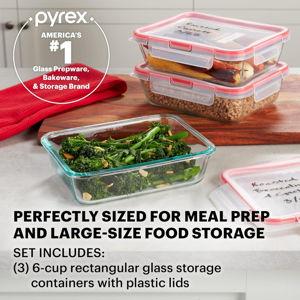 Pyrex Freshlock (3-Pack, 6 Cup) Glass Food Storage Containers Set, Airtight & Leakproof Locking Lids BPA-Free, Meal Prep Containers Set, Freezer Dishwasher Microwave Safe
