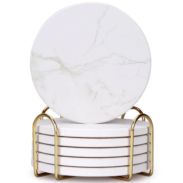 Dksyee Coasters Set of 6 White Marble Style Ceramic Drink Coasters with Holde Coffee Table Decor Drinks Absorbent Stone Coastersr Modern Cup Coasters Rustic Farmhouse Coasters Bar Cool Coasters Gifts