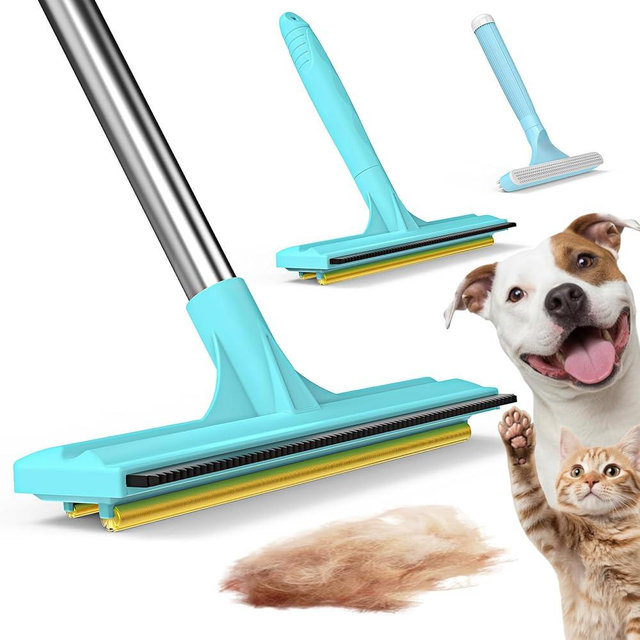 3-in-1 Carpet Rake for Pet Hair Removal, Upgraded Rug Scraper with 61" Thickened Handle & 10" Handheld Grip, Dual-Metal Edge Dog Hair Remover for Carpet, Couch, Furniture & Car
