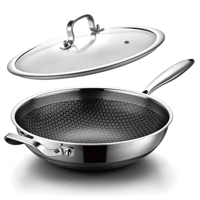 DOTCLAD Wok pan,Hybrid 12 inch Wok with Lid, PFOA Cookware,non stick Stainless Steel Woks & Stir-fry pans Nonstick, Dishwasher and Oven Safe, Works on Induction