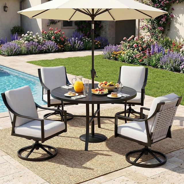 NATURAL EXPRESSIONS 5-Piece Outdoor Patio Dining Set, Black Patio Swivel Rocking Chairs and 38’’ Round Dining Table with 1.65’’ Umbrella Hole