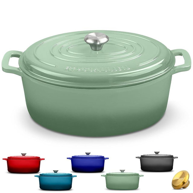 ROSSALLINI Signature Enameled Cast Iron Oval Dutch Oven | Non-Stick Serving Pot with Tight Fitting Lid for Perfect Roasting, Baking, Sauteing, and Bread Making | 8Q [Sage]