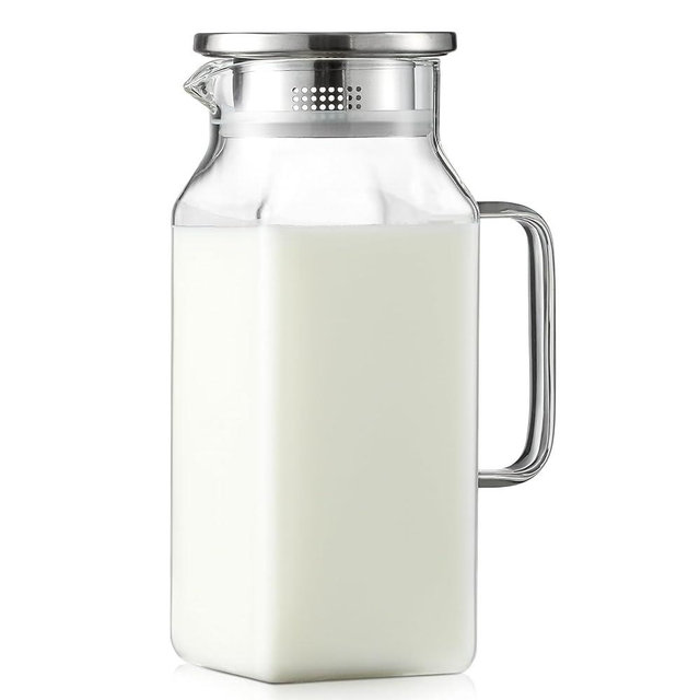 40 oz,1.2Liter Square Glass Pitcher with Lid and Spout, Breast Milk Pitcher with Handle for Fridge, Borosilicate Glass Carafe for Hot/Cold Drink, Small Jug for Iced Tea, Coffee,Water Storage Container