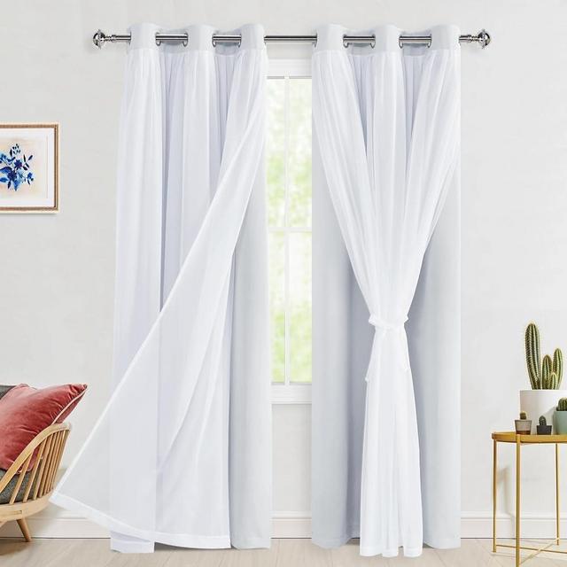 Hiasan Blackout Curtains with Sheer Overlay, Thermal Insulated Privacy Mix & Match Double Layer Window Curtains for Girls Bedroom, Living Room, 2 Drape Panels with Tiebacks, Greyish White, 42W X 84L