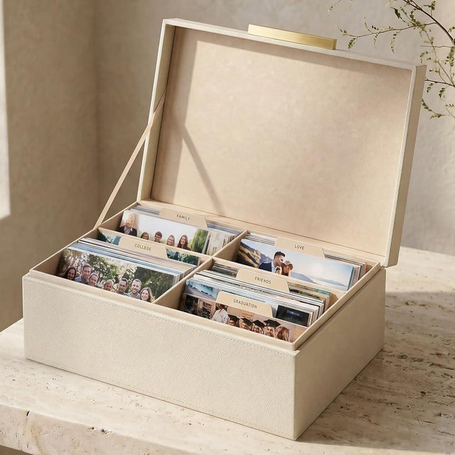 ZICOTO Decorative Photo Storage Box - Sturdy PU Leather Photo Organizer with Dividers is Perfect to Store Up to 1200 Pictures and 4x6 Photos - Portable Scrapbook Storage Containers with Lid