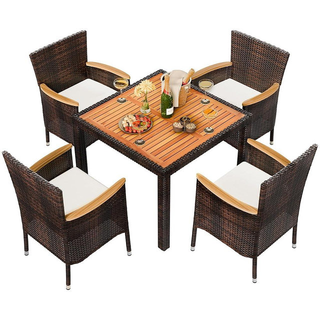 Shintenchi 5 PCS Patio Dining Set, Wicker Outdoor Table and Chairs with Soft Cushions, Patio Furniture Set with Wood Table Top for Backyard, Deck and Garden, Brown Rattan