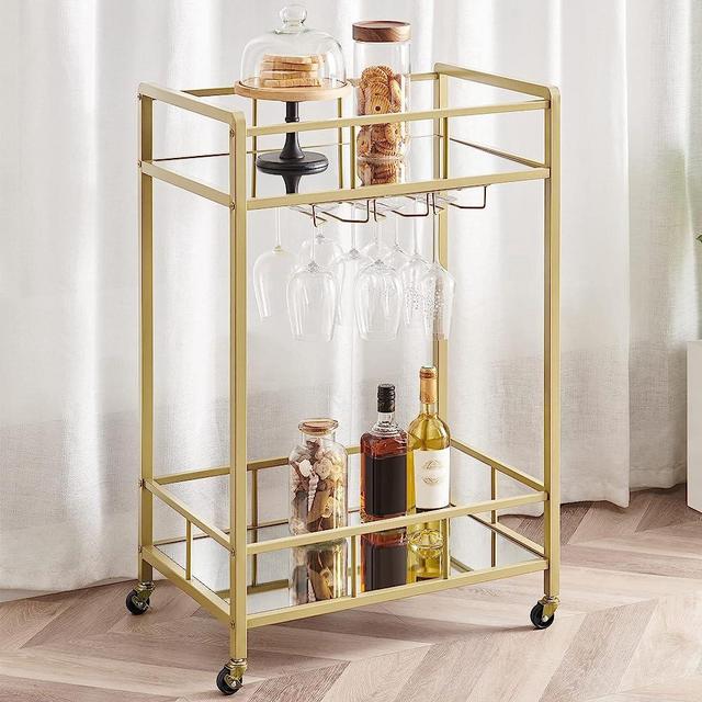 Hzuaneri Bar Cart - 2-Tier Home Bar Serving Cart with Wine Glasses Hooks, Accent Kitchen Cart with Lockable Wheels, Beverage Cart with Storage Shelf for Home, 15.7 x 23.6 x 35.4 Inches, Gold 01401GBC
