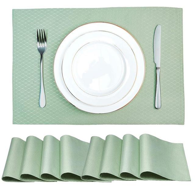 Homejoy Place Mats Set of 8 – Rectangle Rectangular Waterproof Fabric Polyester Cloth Washable Wipeable Heat Resistant Placemats for Kitchen Dining Dinner Table Indoor 13 x 19 Inch Sage Green