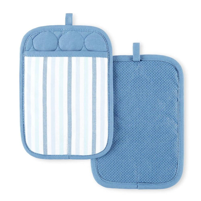 Martha Stewart Daisy Stripe Pot Holder Set 2-Pack, Blue, 7"x10"