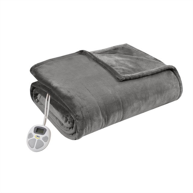 Serta Full Plush Electric Heated Blanket Dark Gray: Midweight, Machine Washable, 5-Year Warranty