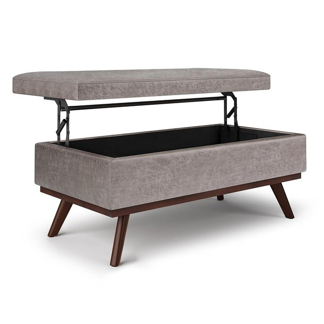 SIMPLIHOME Owen 42 inch Wide Mid Century Modern Rectangle Lift Top Large Coffee Table Storage Ottoman in Distressed Grey Vegan Faux Leather, Assembled, for the Living Room, Entryway and Family Room
