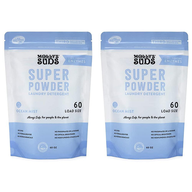 Molly's Suds Super Powder Detergent | Natural Extra Strength Laundry Soap, Stain Fighting & Safe for Sensitive Skin | Earth Derived Ingredients | Ocean Mist Scented, 120 Loads Total (2 Pack)