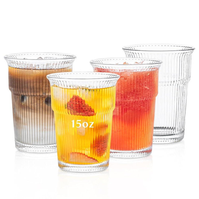 INSETLAN Set of 4 Ribbed Drinking Glasses – 15oz Vertical Stripe Glassware for Water, Coffee, Cocktails – Modern Glass Tumblers, Durable Lead-Free Glass Cups for Everyday Use and Parties